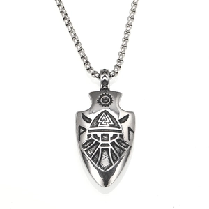 Vintage Viking Valknut shield arrow pendant necklace in antique silver stainless steel for men