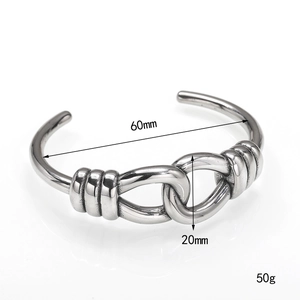 Detailed size view of silver stainless steel knot bracelet showing dimensions and 50g weight