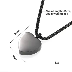 Minimalist black heart perfume bottle urn necklace in polished stainless steel for women