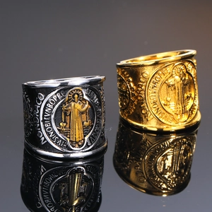 Vintage Saint Benedict Medal Exorcism Ring For Men Titanium Steel Punk Religious Gothic Wide Band Retro Jewelry Gift