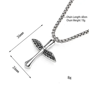 Feather cross urn pendant necklace in stainless steel, dimensions 36mm by 26mm