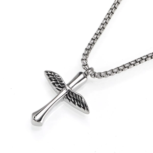Titanium steel cross feather cremation urn necklace with silver box chain for men