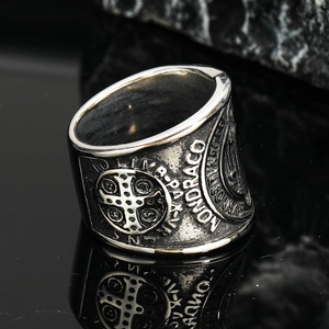 Retro Saint Benedict cross ring in vintage silver finish with gothic religious engraving