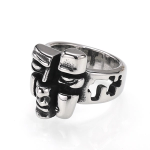 Retro punk style split mask titanium steel ring with vintage silver tribal face design