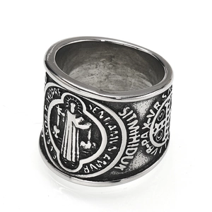 Retro Saint Benedict stainless steel ring with gothic religious relief engraving