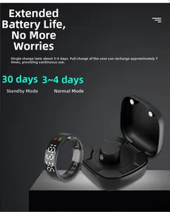 Macro dell'anello intelligente nero con display cardio e custodia di ricarica inclusa
