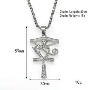 Retro Ankh-Kreuz Halskette aus Edelstahl mit Auge des Horus Anhänger und Zirkonia