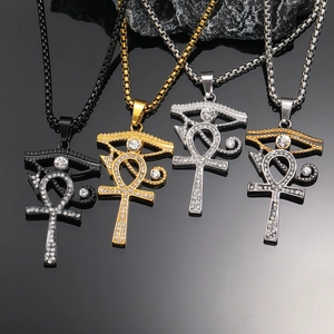 Antike Ägyptische Art Titan Stahl Ankh Kreuz Halskette Mit Horusauge Pflastern Strass Religiöse Retro Hip Hop Anhänger
