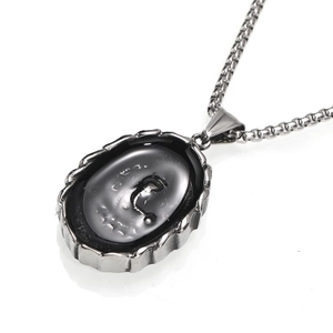 Retro Thai style Ganesha oval pendant necklace with black resin in polished steel
