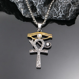 Vintage Edelstahl Horusauge Ankh Kreuz Anhänger Halskette mit weißen Strasssteinen