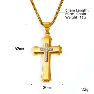 Mens gold double layered cross pendant necklace with clear zircon stones on 60cm bead chain