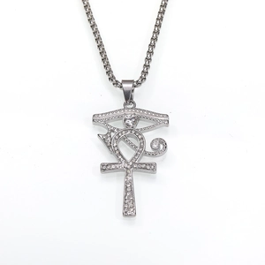 Retro Edelstahl Horusauge Ankh Kreuz Anhänger Halskette mit weißen Zirkonia Steinen
