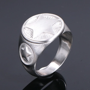 Gros plan d'une bague en acier titane pour homme avec étoiles gravées et reflet sombre
