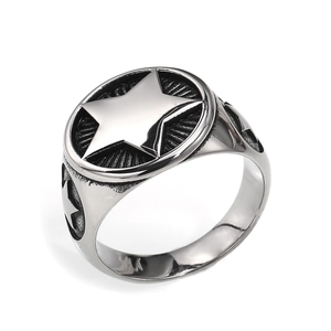 Bague chevalière rétro en acier inoxydable pour homme avec motif étoile et fini argent