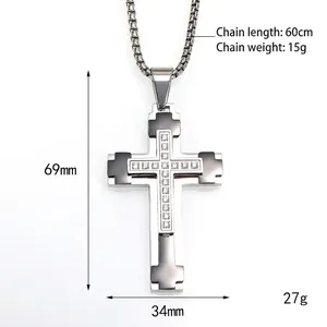 Pendentif croix en acier titane pour hommes avec incrustation de zircon et chaîne de 60 cm