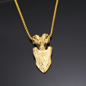 Collier avec pendentif bouclier bélier viking rétro pour homme en acier titane doré poli