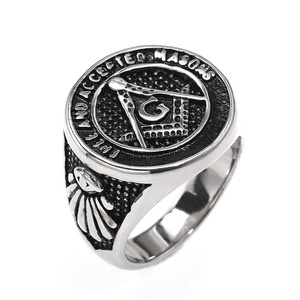Herren Punk Hip-Hop Freimaurer-Ring aus silbernem Edelstahl mit Freimaurer-Kompass-Emblem