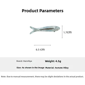 Blue marble acetate fish hair clip detail with dimensions 6.5cm length and alloy metal base