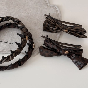 Tortoiseshell leopard print bow hair clips and headband set with gold love accents