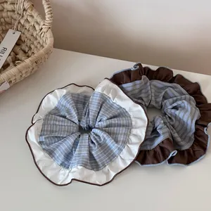 Oversized Fabric Scrunchies Contrast Flower Edge Plaid Striped Hair Ties Elastic Large Ponytail Holder Korean Style Jewelry