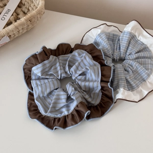Oversized coffee blue contrast scrunchies with elegant double-layered frill edges