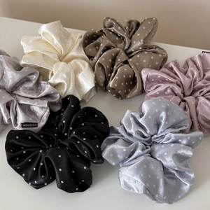 Detailed set of 6 satin polka dot scrunchies in various colors with fashion labels