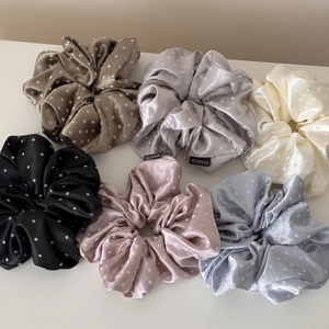 Polka dot satin scrunchies in six elegant colors including coffee, grey, and cream
