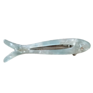 Light blue marble acetate fish hair clip with rhinestone eye and metal duckbill clamp