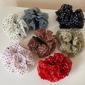 French Elegant Chiffon Polka Dot Banana Hair Clip For Women Large Pleated Vintage Sweet Ruffle Ponytail Holder Accessories