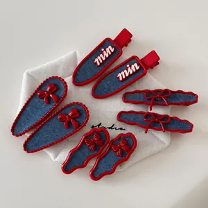 Vintage Red Blue Denim Bowknot Hair Clip For Women Girls Fabric Alloy Wave Edge Teardrop Side Bangs Clip Hair Accessories