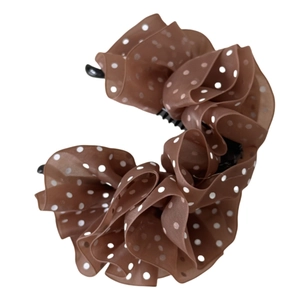 French style brown polka dot tulle banana clip with layered ruffle fabric design for women