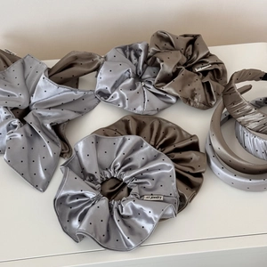 Glossy satin polka dot hair scrunchies and bow headband set in elegant silk fabric