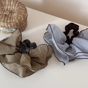 Elegant tulle scrunchies set in khaki and light blue with contrasting stitched edges