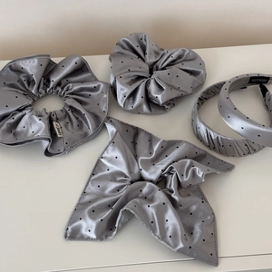 Grey satin polka dot hair accessories set including headbands and bow scrunchies