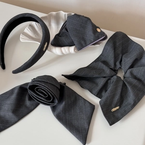 Accessoires Cheveux Élégants en Tissu Rayé Gris Style Coréen Pince à Griffes Bandeau Chouchou Noeud Ruban Épingles à Cheveux Femme
