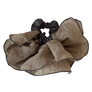 Elegant khaki tulle scrunchie with layered fabric design for women's hairstyles