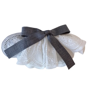 Vintage white lace collar with dark grey linen bow for pets or children's clothing accessory