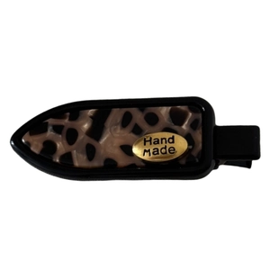 Vintage leopard print hair clip with gold metal tag and handmade letter engraving