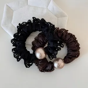 Elegant Satin Lace Scrunchies With Large Artificial Pearl Ruffle Hair Tie Ponytail Holder For Women Vintage Daily Hair Accessories