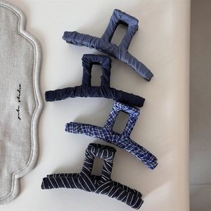 Set of 4 vintage denim texture and striped hair claws in various blue fabric patterns