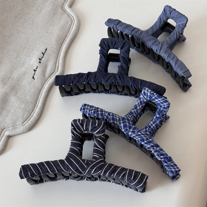 Vintage Denim Fabric Wrapped Hair Claw Clip Striped Plaid Shark Clip For Women Thick Hair Casual Hair Accessories