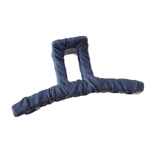 Retro deep blue denim hair claw clip with handmade fabric wrapping and rectangle design