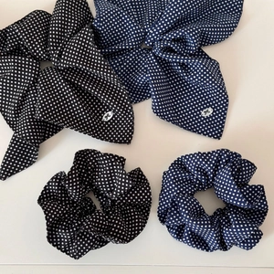 Polka dot hair scrunchies set with ribbon tails and silver bow metal charms