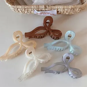 Jelly Color Ribbon Bowknot Hair Claw Clip Large Resin Marble Texture Shark Clip Elegant Back Head Ponytail Holder For Women