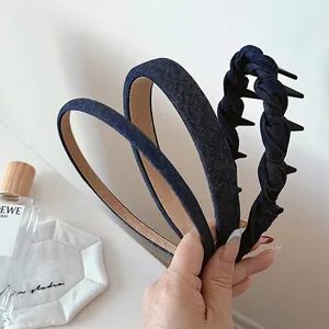 Vintage Denim Fabric Headbands For Women Stylish Blue Denim Hair Hoop Non-Slip Plaited Wide Thin Headpiece Hair Accessories