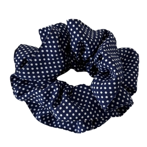 Navy blue polka dot scrunchie fabric hair tie with vintage Korean style design
