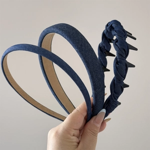 Three-piece vintage denim blue headbands with smooth and braided designs for women