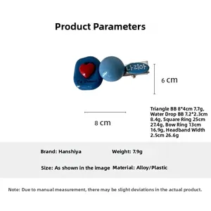 Detailed size chart showing the 8cm by 6cm blue heart hair clip made of alloy and plastic