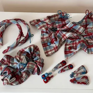 Red Blue Tartan Plaid Hair Accessories Set Bowknot Heart Fabric Hair Clips Scrunchies Headband Sweet Korean Hair Styling Tools