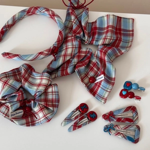 Red and blue plaid fabric hair accessory set with bows and embroidered heart hair clips